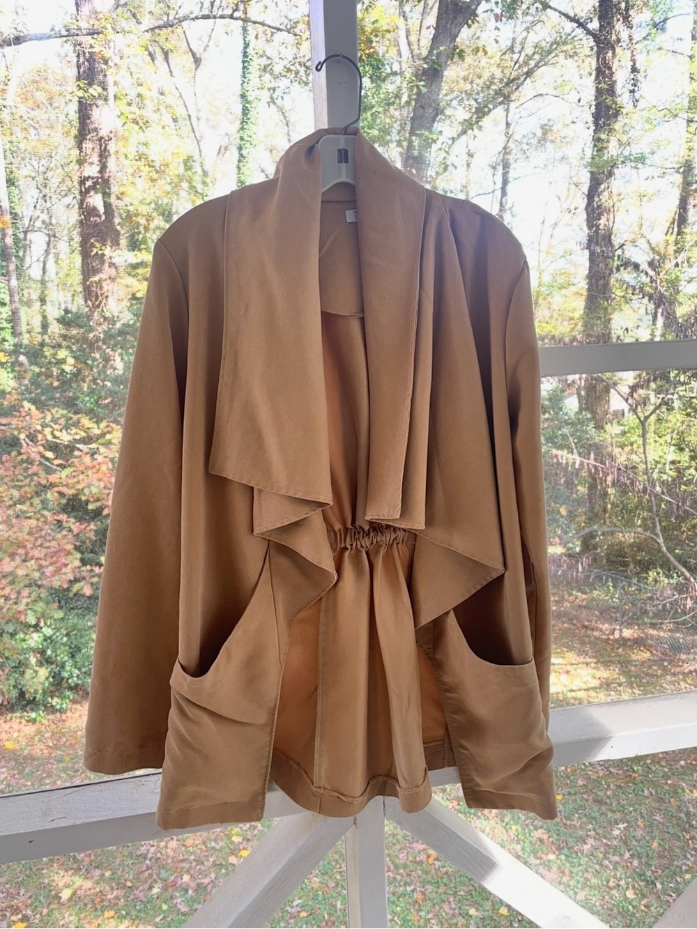 Tobi Draped Open-Front Jacket in Camel